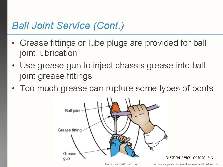 Ball Joint Service (Cont. ) • Grease fittings or lube plugs are provided for