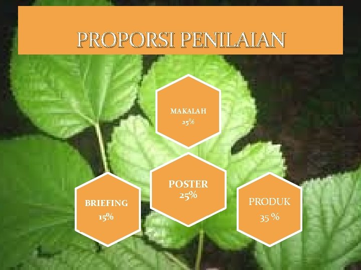 PROPORSI PENILAIAN MAKALAH 25% BRIEFING 15% POSTER 25% PRODUK 35 % 