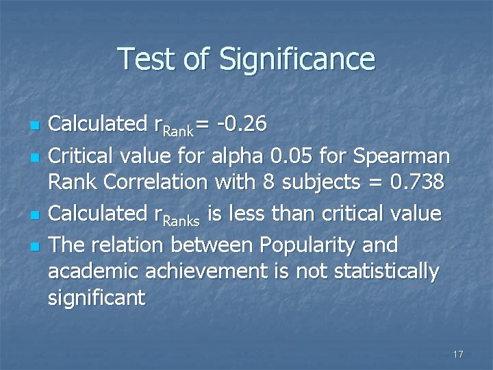 Test of Significance n n Calculated r. Rank= -0. 26 Critical value for alpha