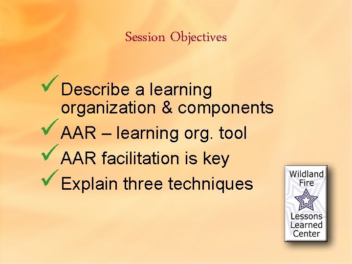 Session Objectives üDescribe a learning organization & components üAAR – learning org. tool üAAR