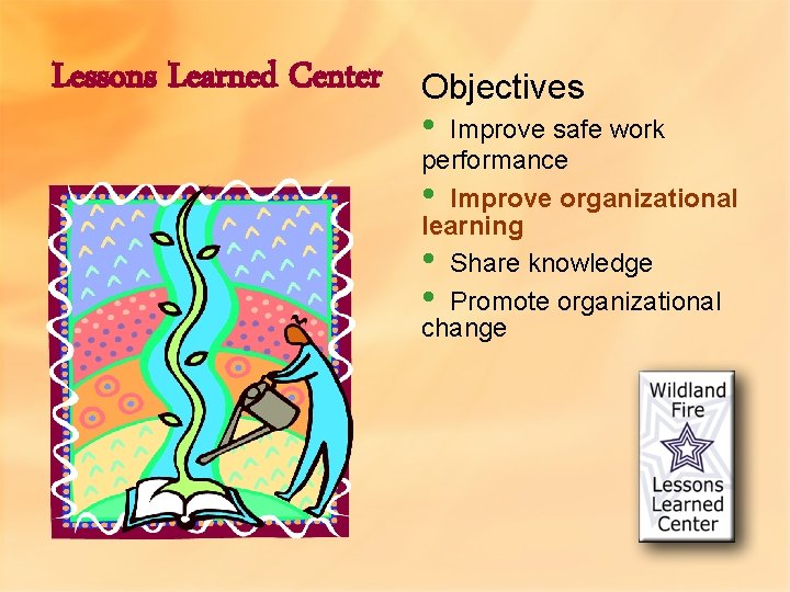 Lessons Learned Center Objectives • Improve safe work performance • Improve organizational learning •