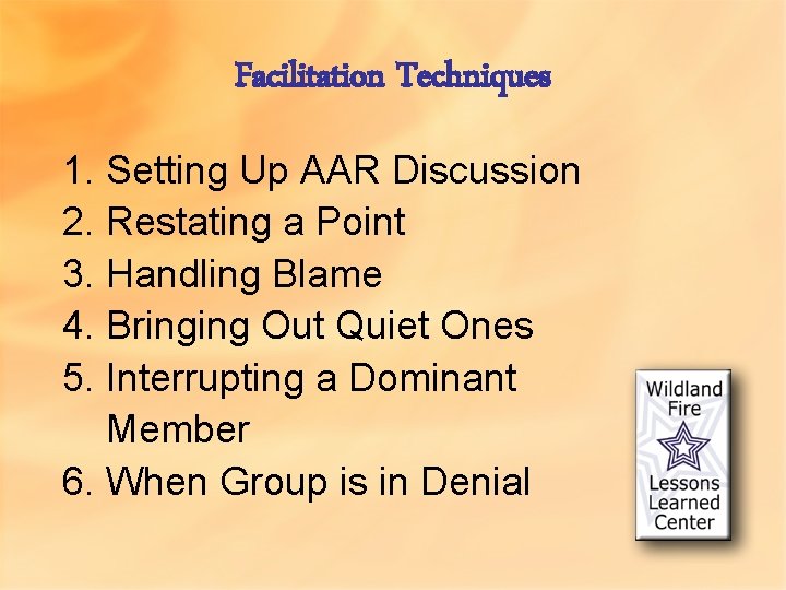 Facilitation Techniques 1. Setting Up AAR Discussion 2. Restating a Point 3. Handling Blame