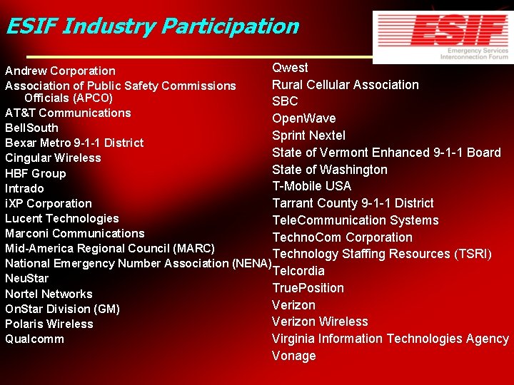 ESIF Industry Participation Qwest Andrew Corporation Rural Cellular Association of Public Safety Commissions Officials