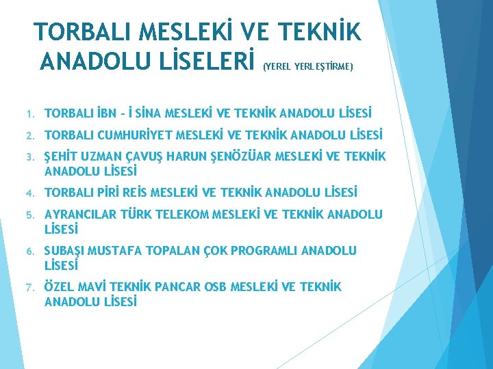 TORBALI MESLEKİ VE TEKNİK ANADOLU LİSELERİ (YEREL YERLEŞTİRME) 1. TORBALI İBN - İ SİNA