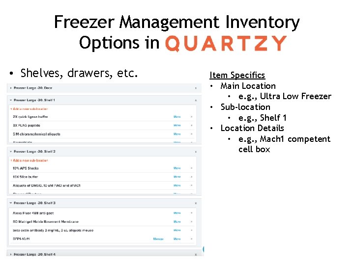 Freezer Management Inventory Options in • Shelves, drawers, etc. Item Specifics • Main Location