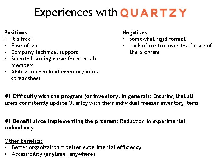 Experiences with Positives • It’s free! • Ease of use • Company technical support