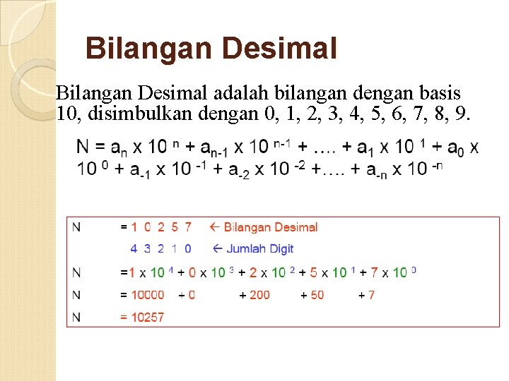 Bilangan Desimal adalah bilangan dengan basis 10, disimbulkan dengan 0, 1, 2, 3, 4,