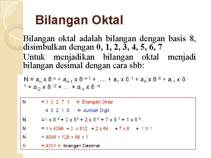 Bilangan Oktal Bilangan oktal adalah bilangan dengan basis 8, disimbulkan dengan 0, 1, 2,