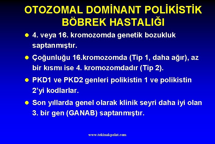 OTOZOMAL DOMİNANT POLİKİSTİK BÖBREK HASTALIĞI l 4. veya 16. kromozomda genetik bozukluk saptanmıştır. l