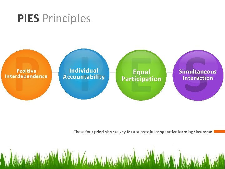 PIES Principles P I E S Positive Interdependence Individual Accountability Equal Participation Simultaneous Interaction