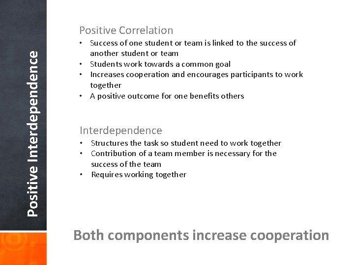 Positive Interdependence Positive Correlation • Success of one student or team is linked to