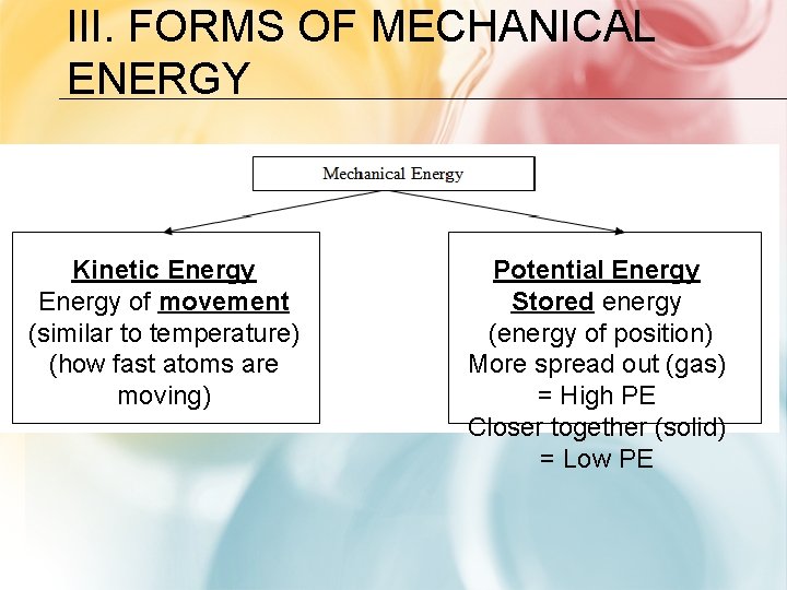 III. FORMS OF MECHANICAL ENERGY Kinetic Energy of movement (similar to temperature) (how fast