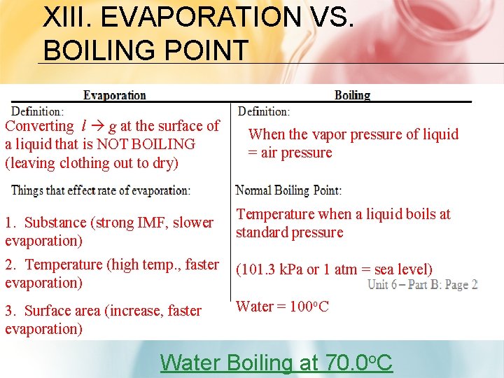 XIII. EVAPORATION VS. BOILING POINT Converting l g at the surface of a liquid
