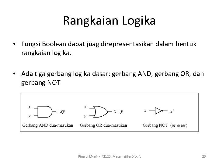 Rangkaian Logika • Fungsi Boolean dapat juag direpresentasikan dalam bentuk rangkaian logika. • Ada