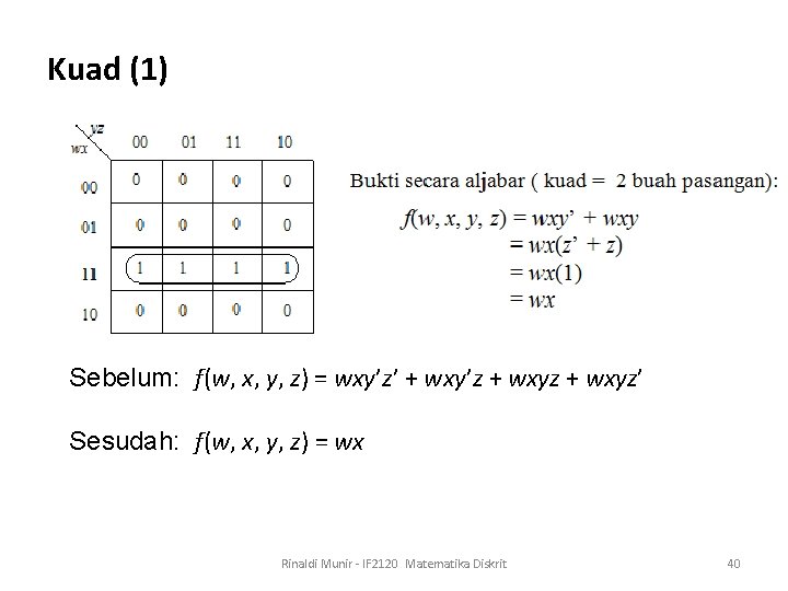 Kuad (1) Sebelum: f(w, x, y, z) = wxy’z’ + wxy’z + wxyz’ Sesudah: