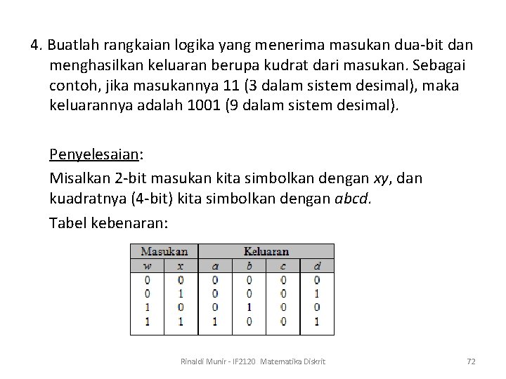 4. Buatlah rangkaian logika yang menerima masukan dua-bit dan menghasilkan keluaran berupa kudrat dari