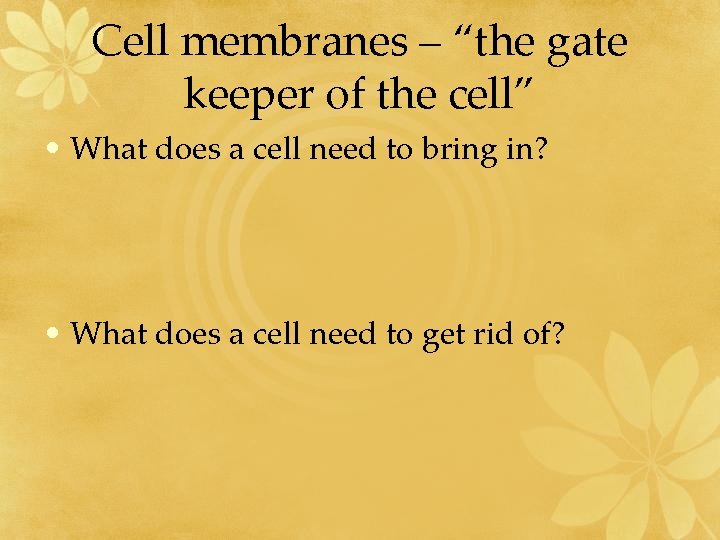 Cell membranes – “the gate keeper of the cell” • What does a cell