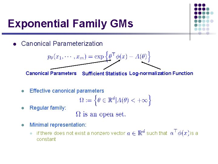 Exponential Family GMs l Canonical Parameterization Canonical Parameters Sufficient Statistics Log-normalization Function l Effective
