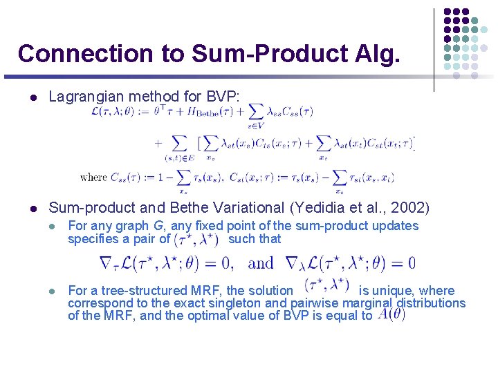 Connection to Sum-Product Alg. l Lagrangian method for BVP: l Sum-product and Bethe Variational