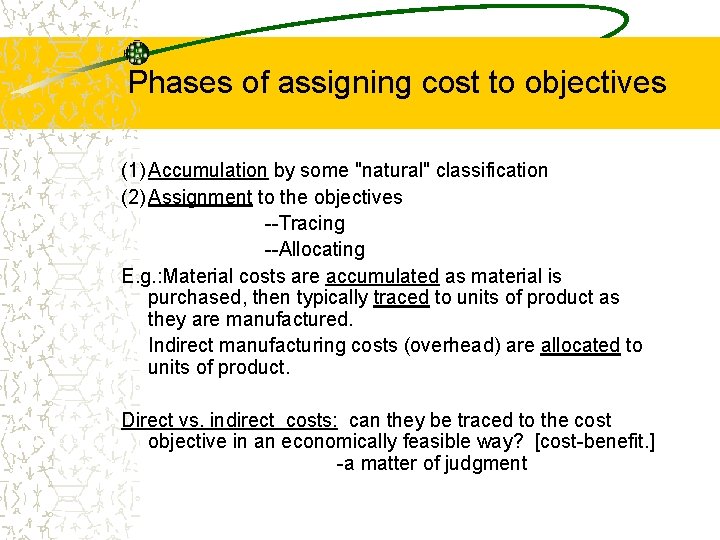 Phases of assigning cost to objectives (1) Accumulation by some "natural" classification (2) Assignment