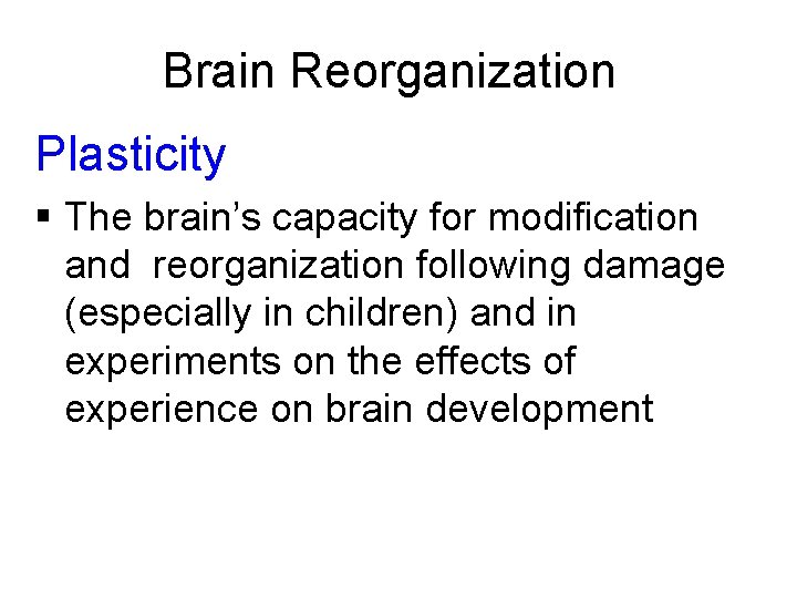 Brain Reorganization Plasticity § The brain’s capacity for modification and reorganization following damage (especially