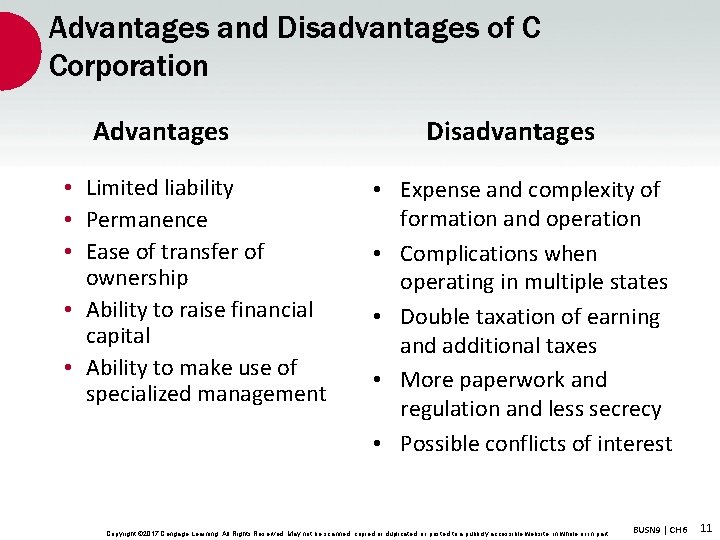 Advantages and Disadvantages of C Corporation Advantages • Limited liability • Permanence • Ease