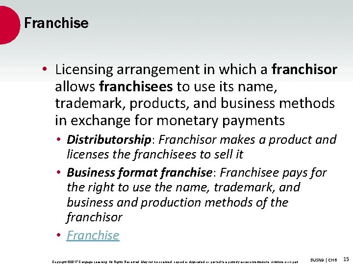 Franchise • Licensing arrangement in which a franchisor allows franchisees to use its name,