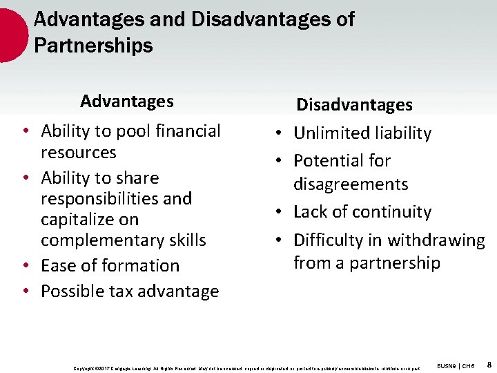 Advantages and Disadvantages of Partnerships Advantages • Ability to pool financial resources • Ability