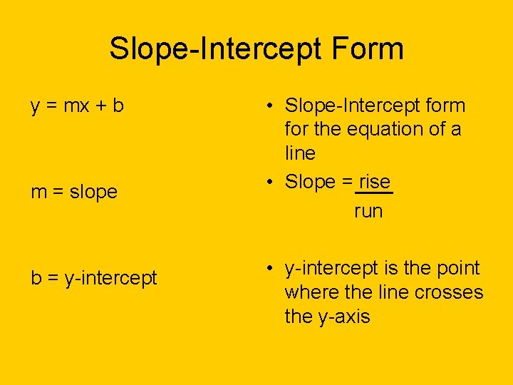 Slope-Intercept Form y = mx + b m = slope b = y-intercept •