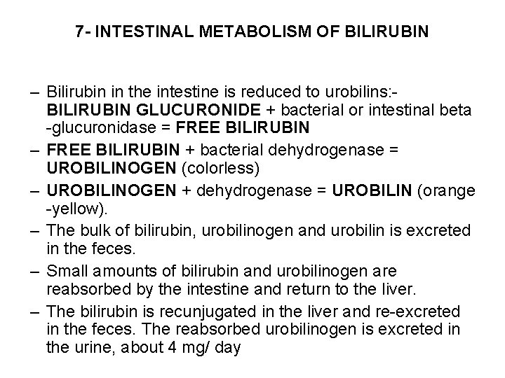 7 - INTESTINAL METABOLISM OF BILIRUBIN – Bilirubin in the intestine is reduced to