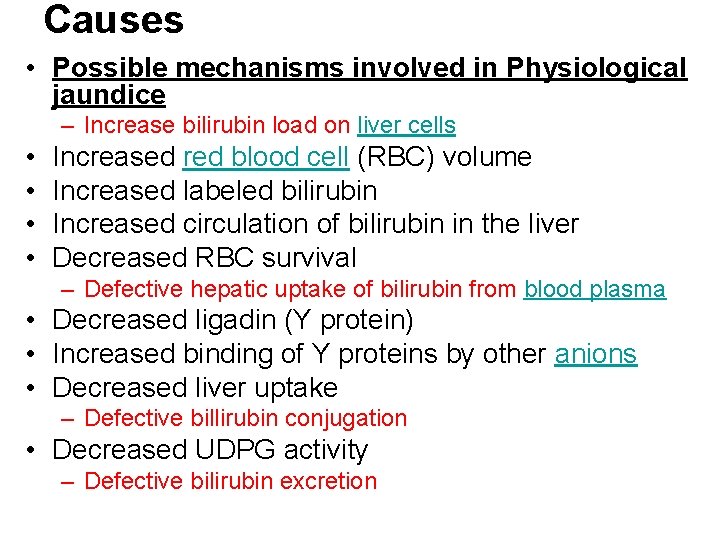 Causes • Possible mechanisms involved in Physiological jaundice – Increase bilirubin load on liver