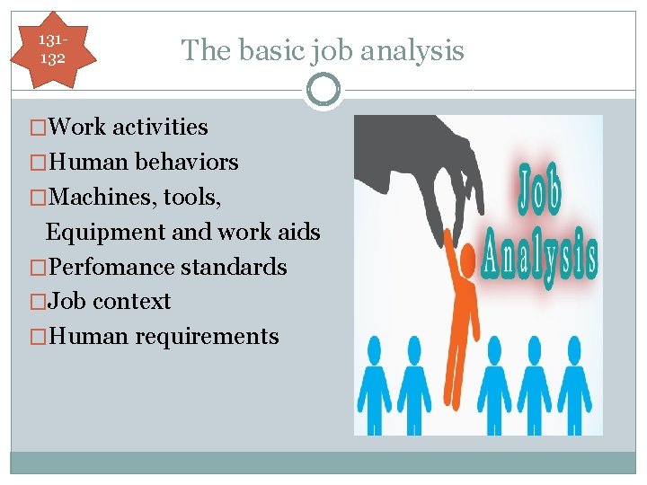 131132 The basic job analysis �Work activities �Human behaviors �Machines, tools, Equipment and work