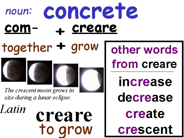 noun: com- concrete creare + together + grow The crescent moon grows in size