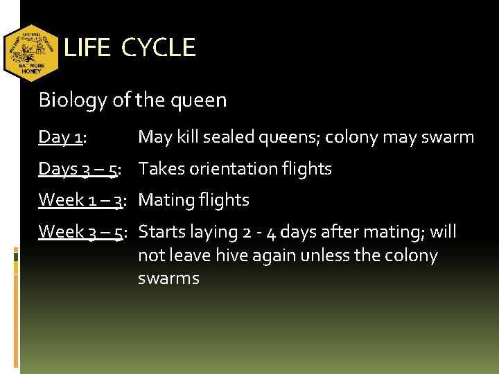 LIFE CYCLE Biology of the queen Day 1: May kill sealed queens; colony may