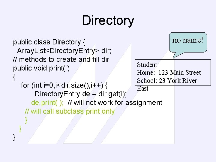 Directory no name! public class Directory { Array. List<Directory. Entry> dir; // methods to
