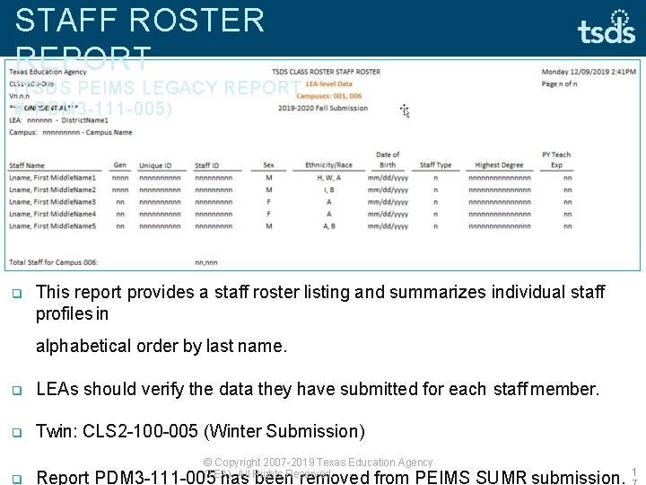 STAFF ROSTER REPORT (TSDS PEIMS LEGACY REPORT #: PDM 3 -111 -005) This report