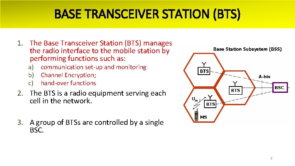 BASE TRANSCEIVER STATION (BTS) 1. The Base Transceiver Station (BTS) manages the radio interface
