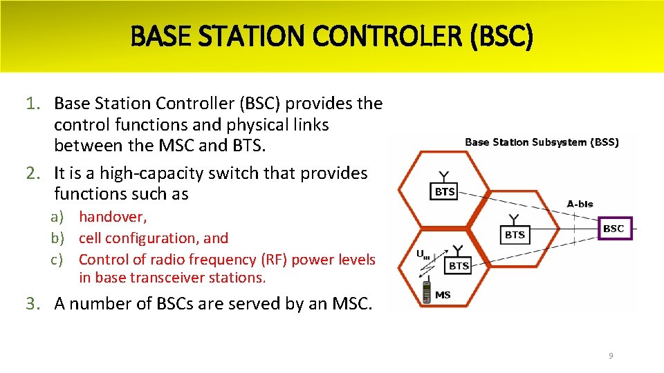 BASE STATION CONTROLER (BSC) 1. Base Station Controller (BSC) provides the control functions and