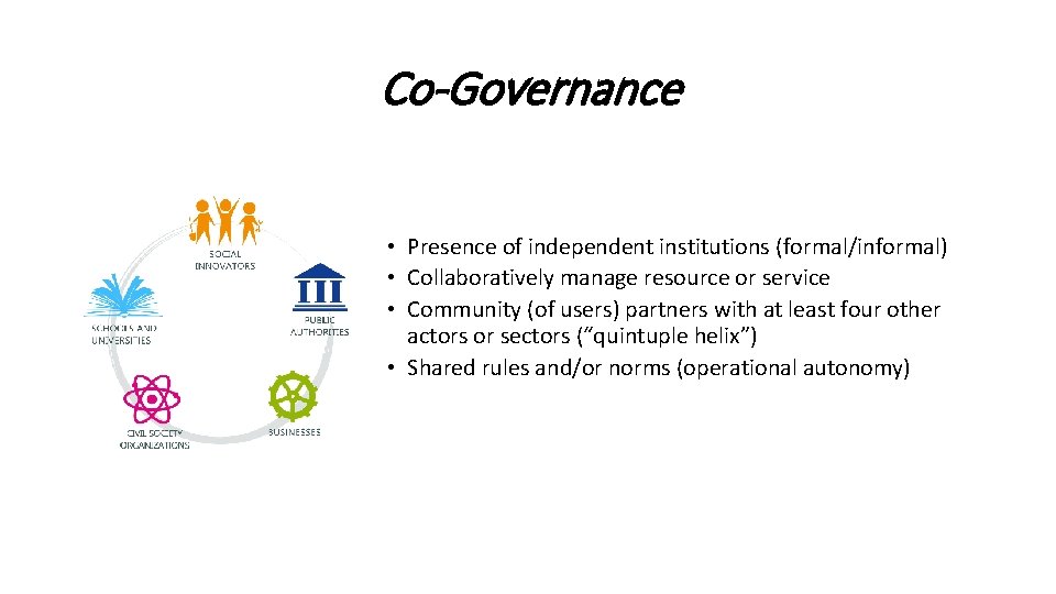 Co-Governance • Presence of independent institutions (formal/informal) • Collaboratively manage resource or service •