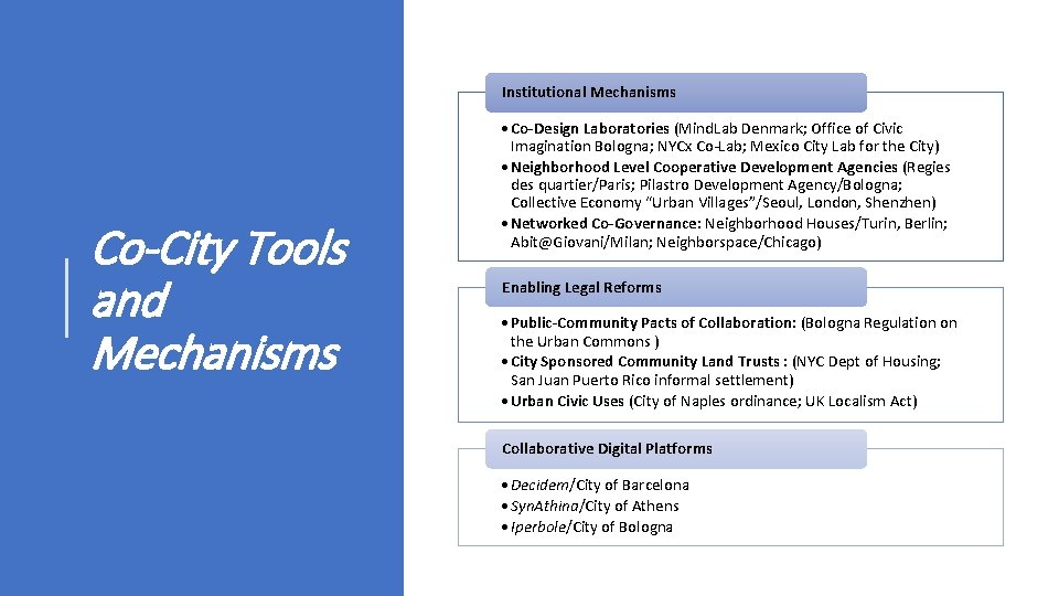 Institutional Mechanisms Co-City Tools and Mechanisms • Co-Design Laboratories (Mind. Lab Denmark; Office of