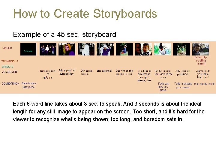 How to Create Storyboards Example of a 45 sec. storyboard: Each 6 -word line