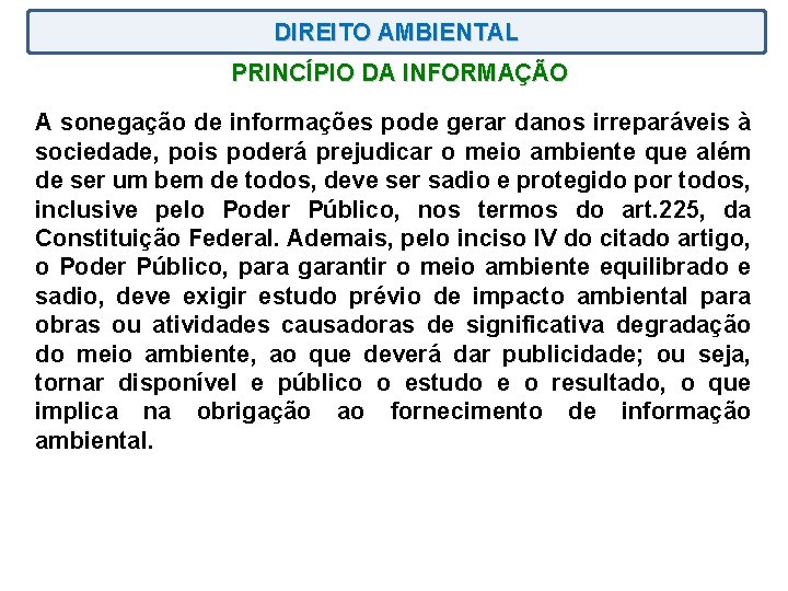 DIREITO AMBIENTAL PRINCÍPIO DA INFORMAÇÃO A sonegação de informações pode gerar danos irreparáveis à