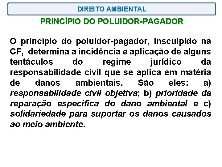 DIREITO AMBIENTAL PRINCÍPIO DO POLUIDOR-PAGADOR O princípio do poluidor-pagador, insculpido na CF, determina a