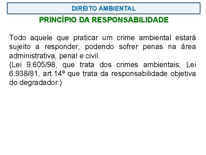 DIREITO AMBIENTAL PRINCÍPIO DA RESPONSABILIDADE Todo aquele que praticar um crime ambiental estará sujeito