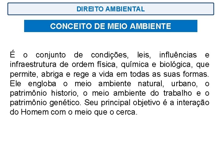 DIREITO AMBIENTAL CONCEITO DE MEIO AMBIENTE É o conjunto de condições, leis, influências e