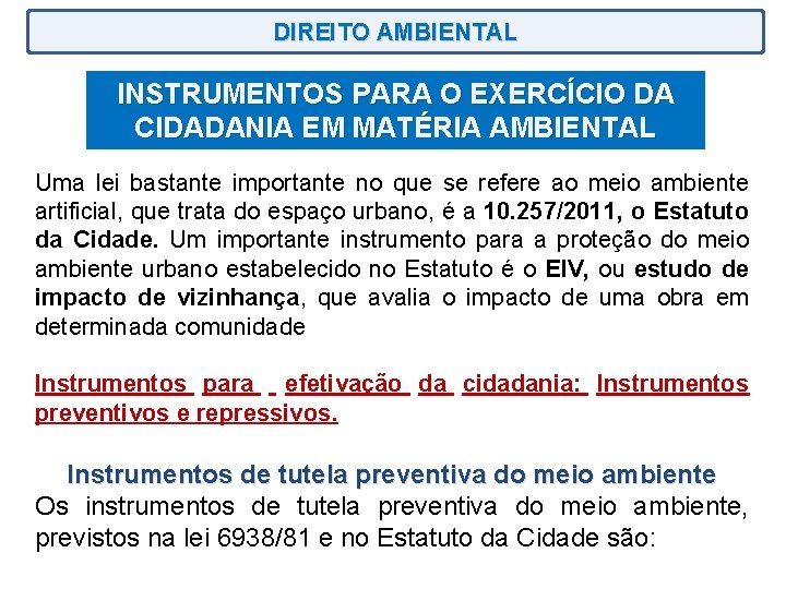 DIREITO AMBIENTAL INSTRUMENTOS PARA O EXERCÍCIO DA CIDADANIA EM MATÉRIA AMBIENTAL Uma lei bastante