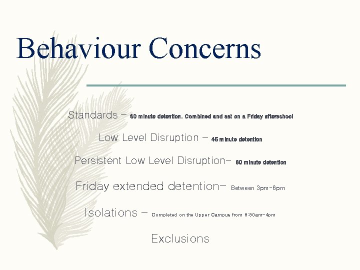 Behaviour Concerns Standards – 30 minute detention. Combined and sat on a Friday afterschool