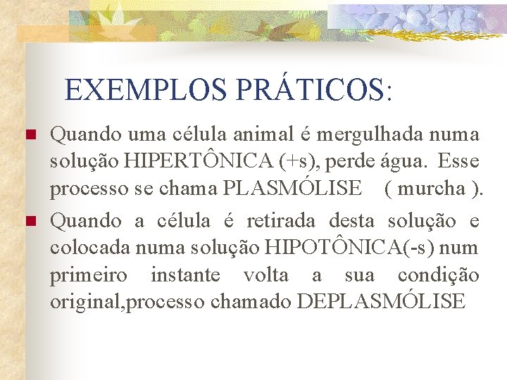 EXEMPLOS PRÁTICOS: n n Quando uma célula animal é mergulhada numa solução HIPERTÔNICA (+s),