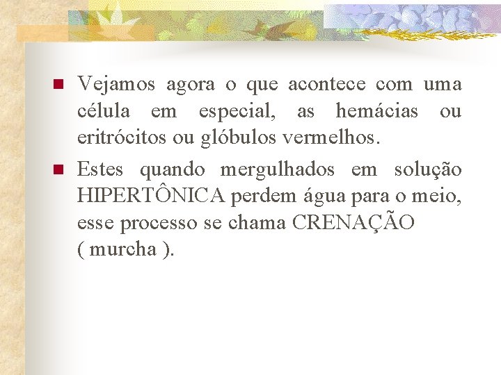 n n Vejamos agora o que acontece com uma célula em especial, as hemácias