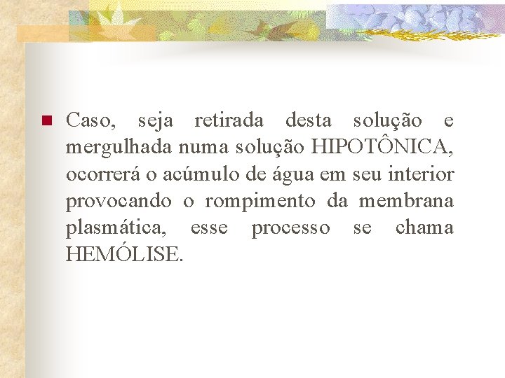 n Caso, seja retirada desta solução e mergulhada numa solução HIPOTÔNICA, ocorrerá o acúmulo